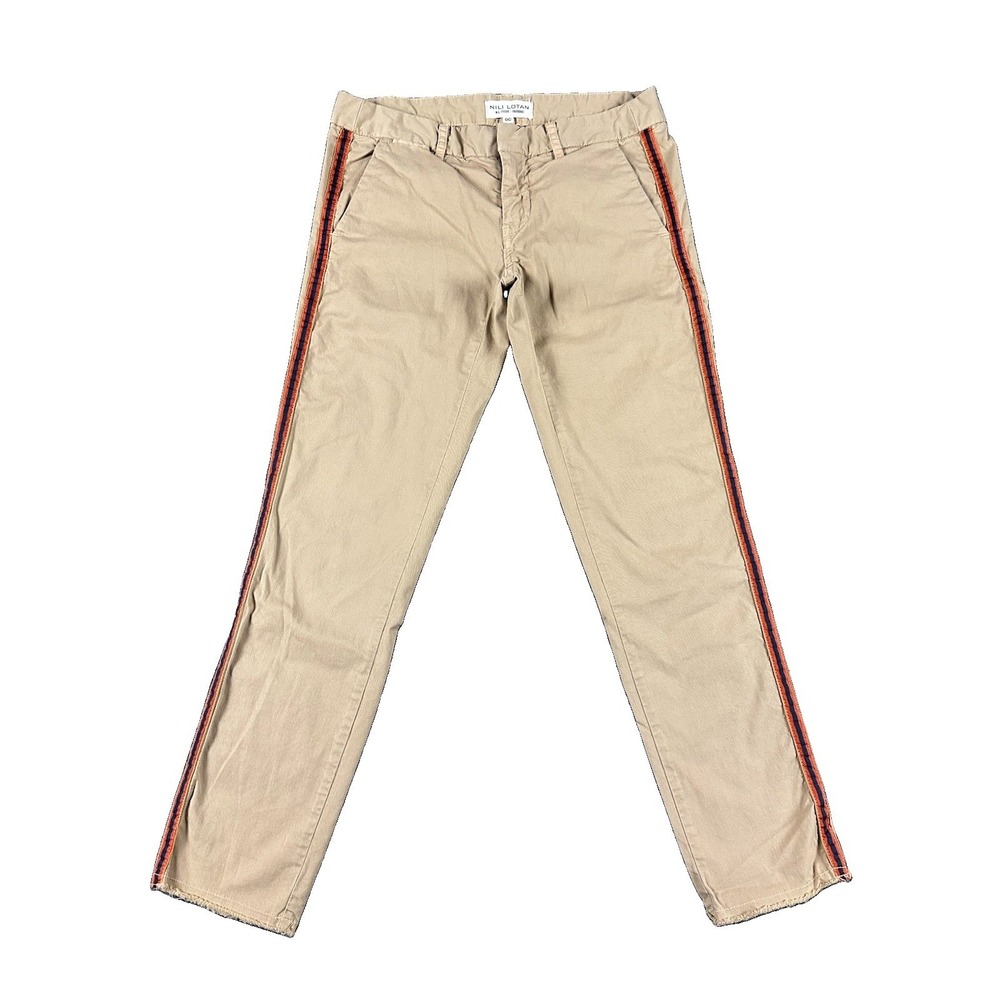 Nili Lotan East Hampton Pants 00 Beige Twill Cropped Raw Hem Side Stripe